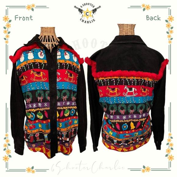 Vintage F L Malik Jacket Womens S Christmas Theme Fringe Corduroy Super Fun - Picture 1 of 4